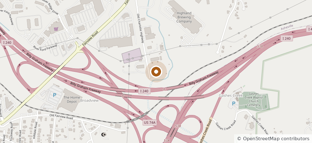 Map showing Fence Scapes at 36 Old Charlotte Hwy, Asheville, NC 28803, just off Old Charlotte Highway near the I-40 and Blue Ridge Parkway interchange